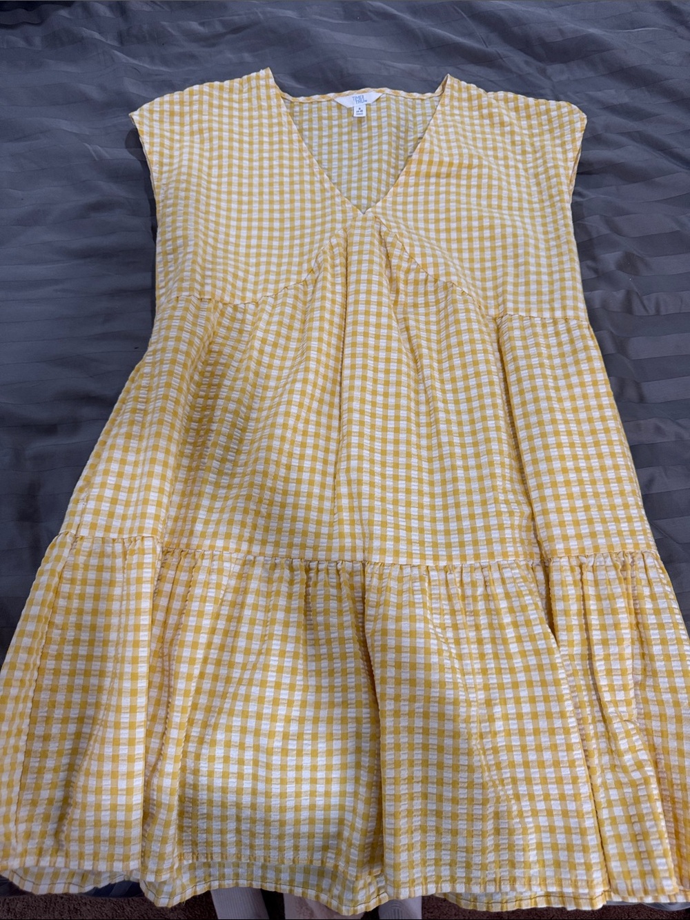 Girls Yellow Gingham Tiered V-Neck Dress